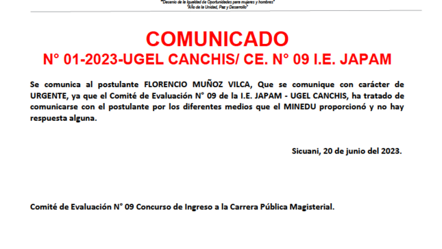 Comunicado n° 01-2023-UGEL CANCHIS/ CE. N° 09 I.E. JAPAM