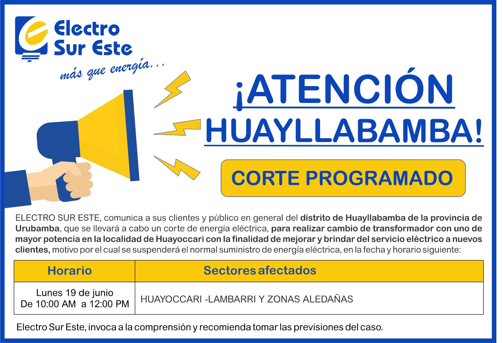 Comunicado - Corte Programado Dia Lunes 19 De Junio - Huayllabamba