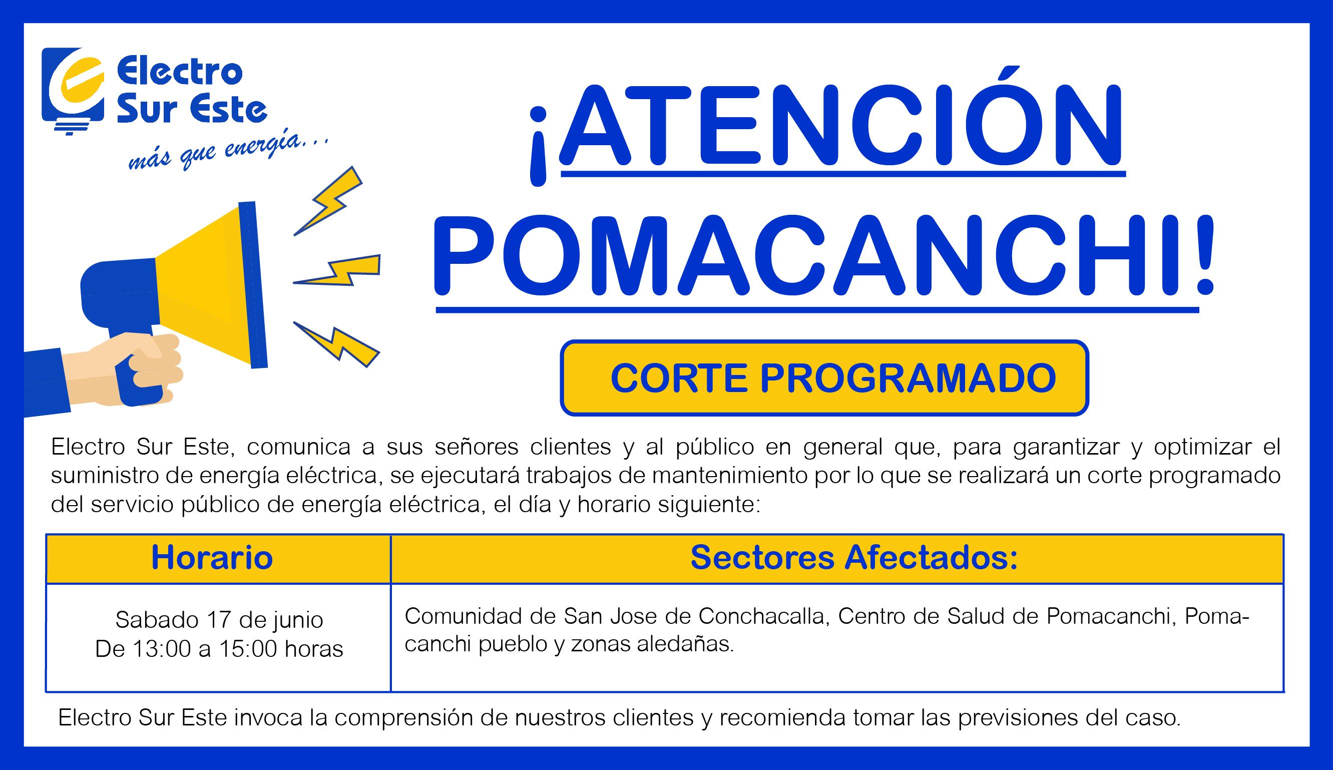 Comunicado - Corte Programado Día Sábado 17 De Junio - Pomacanchi