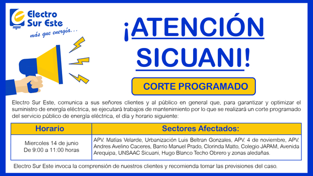 Comunicado - Corte Programado Día Miércoles 14 De Junio - Sicuani