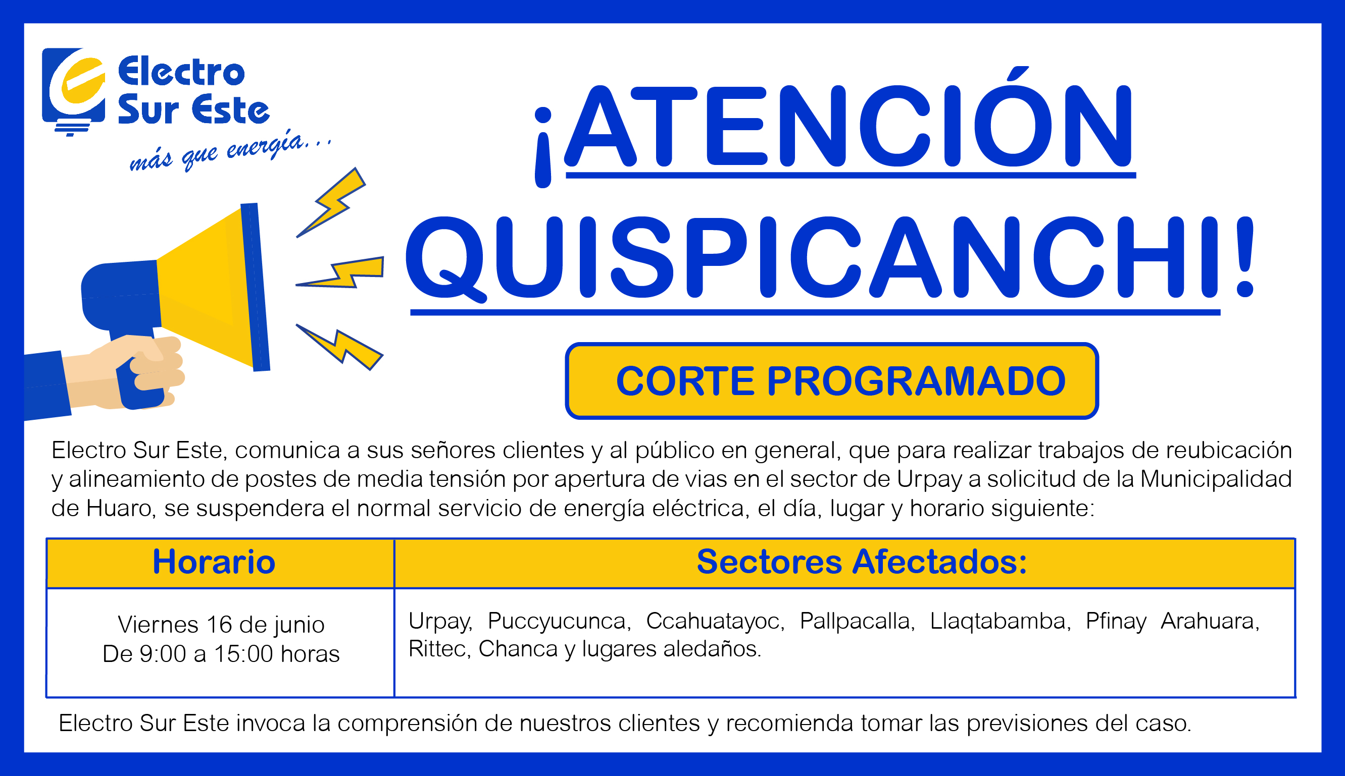 Comunicado - Corte Programado Día Viernes 16 De Junio - Quispicanchi