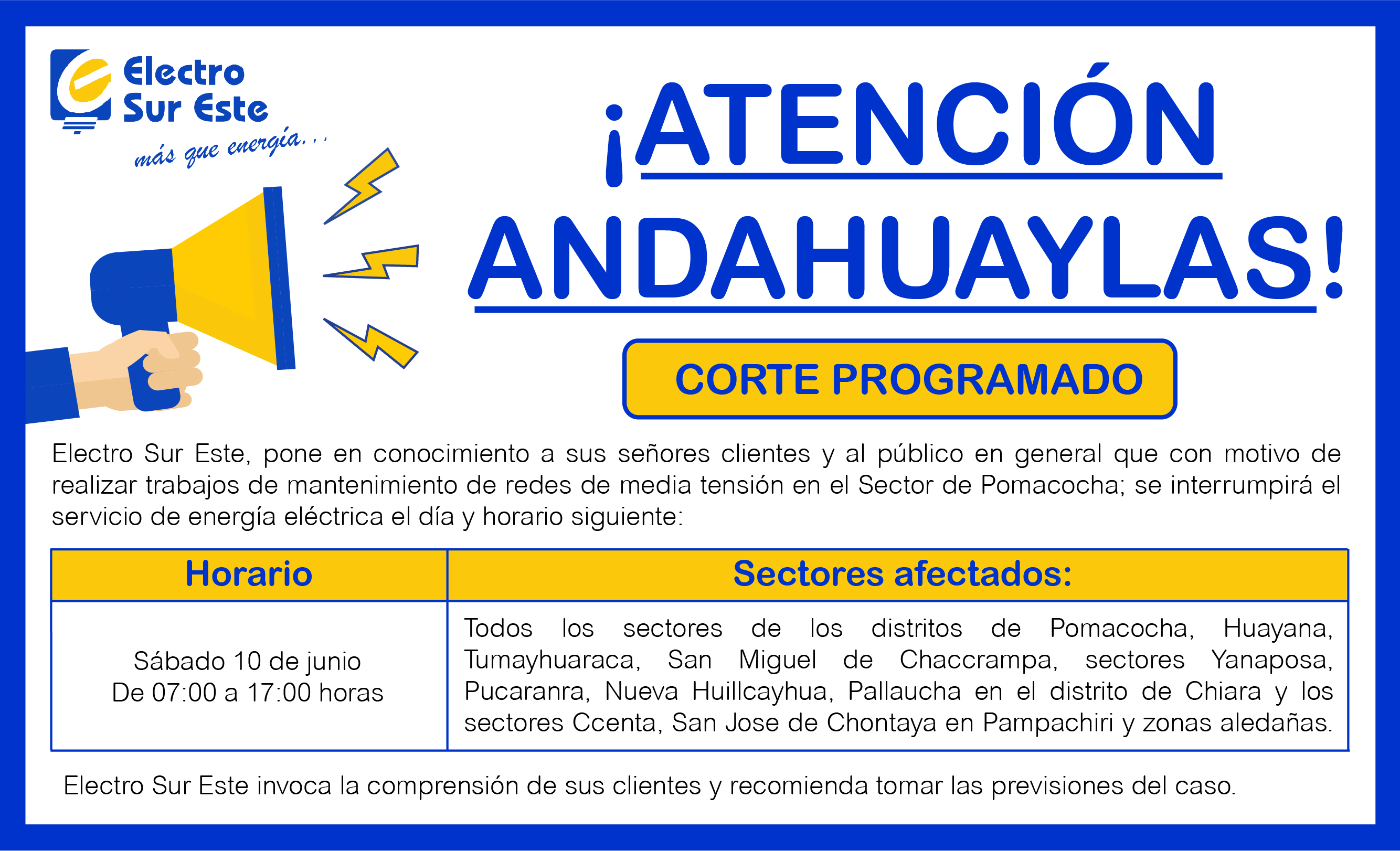 Comunicado - Corte Programado Dia Sábado 10 De Junio - Andahuaylas