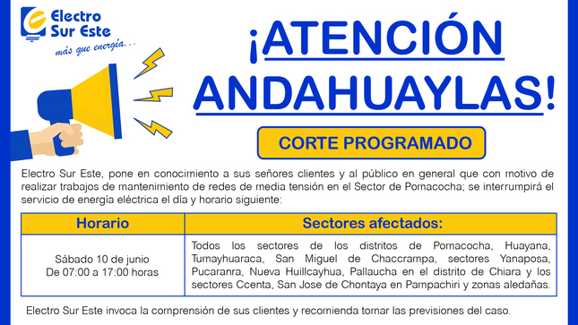 Comunicado - Corte Programado Dia Sábado 10 De Junio - Andahuaylas