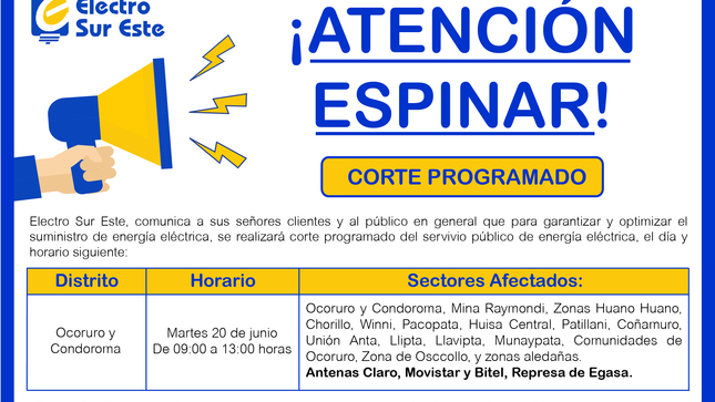 Comunicado - Corte Programado día Martes 20 de Junio - Espinar