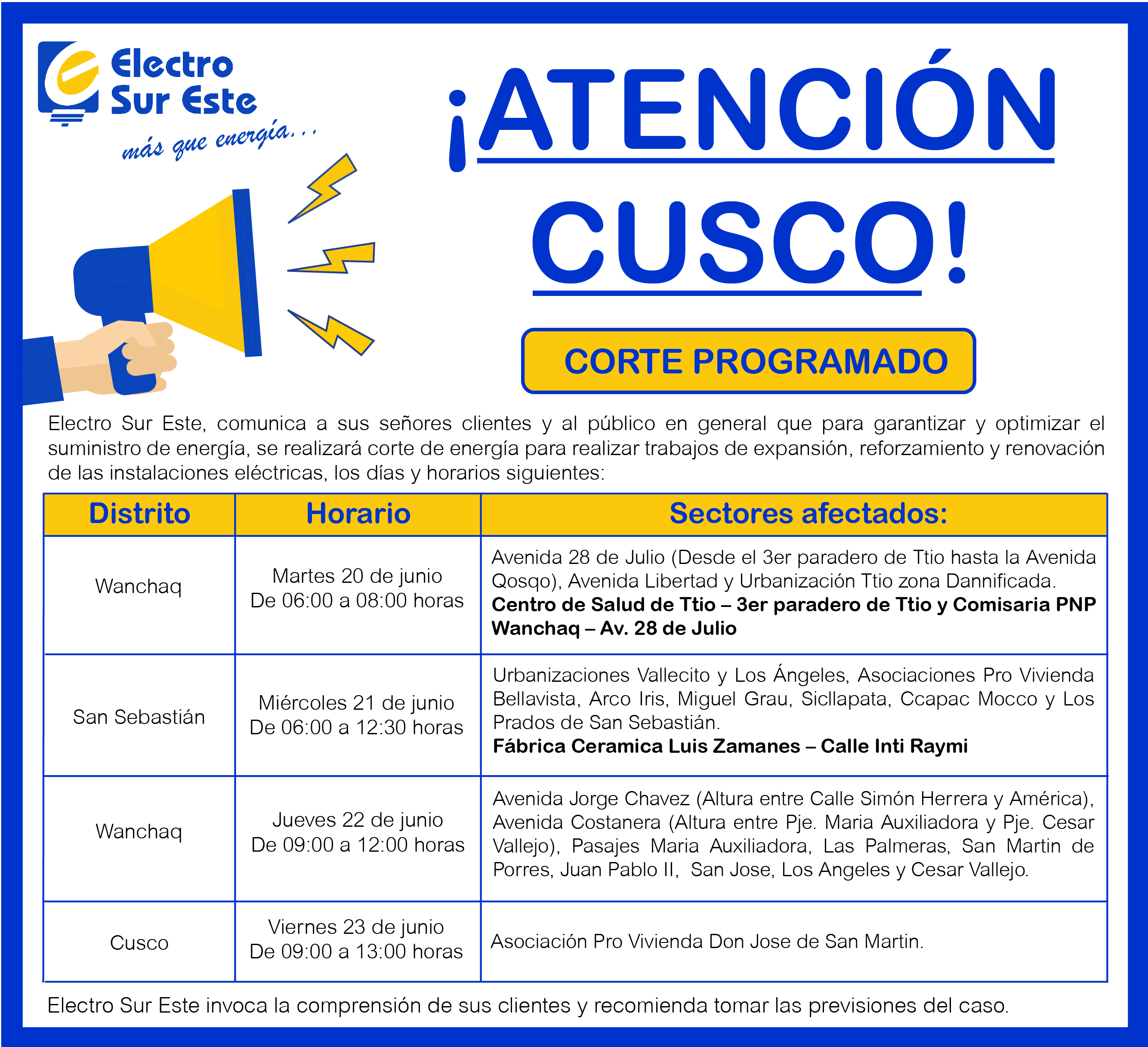 Comunicado - Corte Programado Días 20
