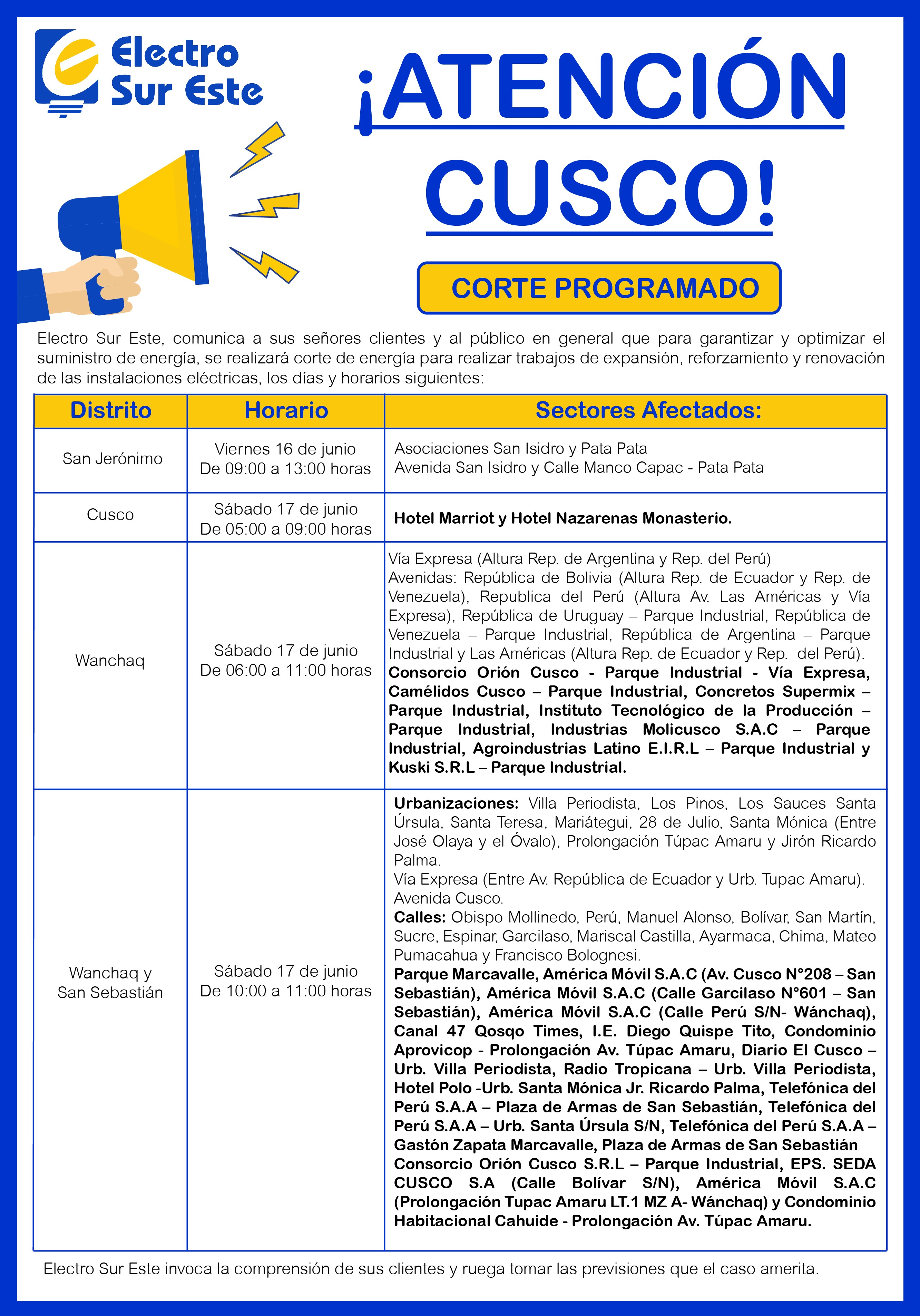 Comunicado - Corte Programado Días Viernes 16 Y Sábado 17 De Junio -Cusco