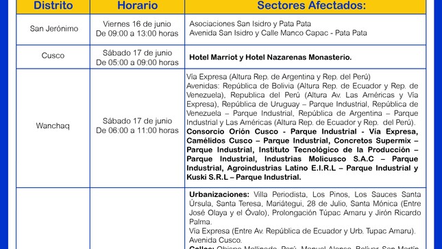 Comunicado - Corte Programado Días Viernes 16 Y Sábado 17 De Junio -Cusco