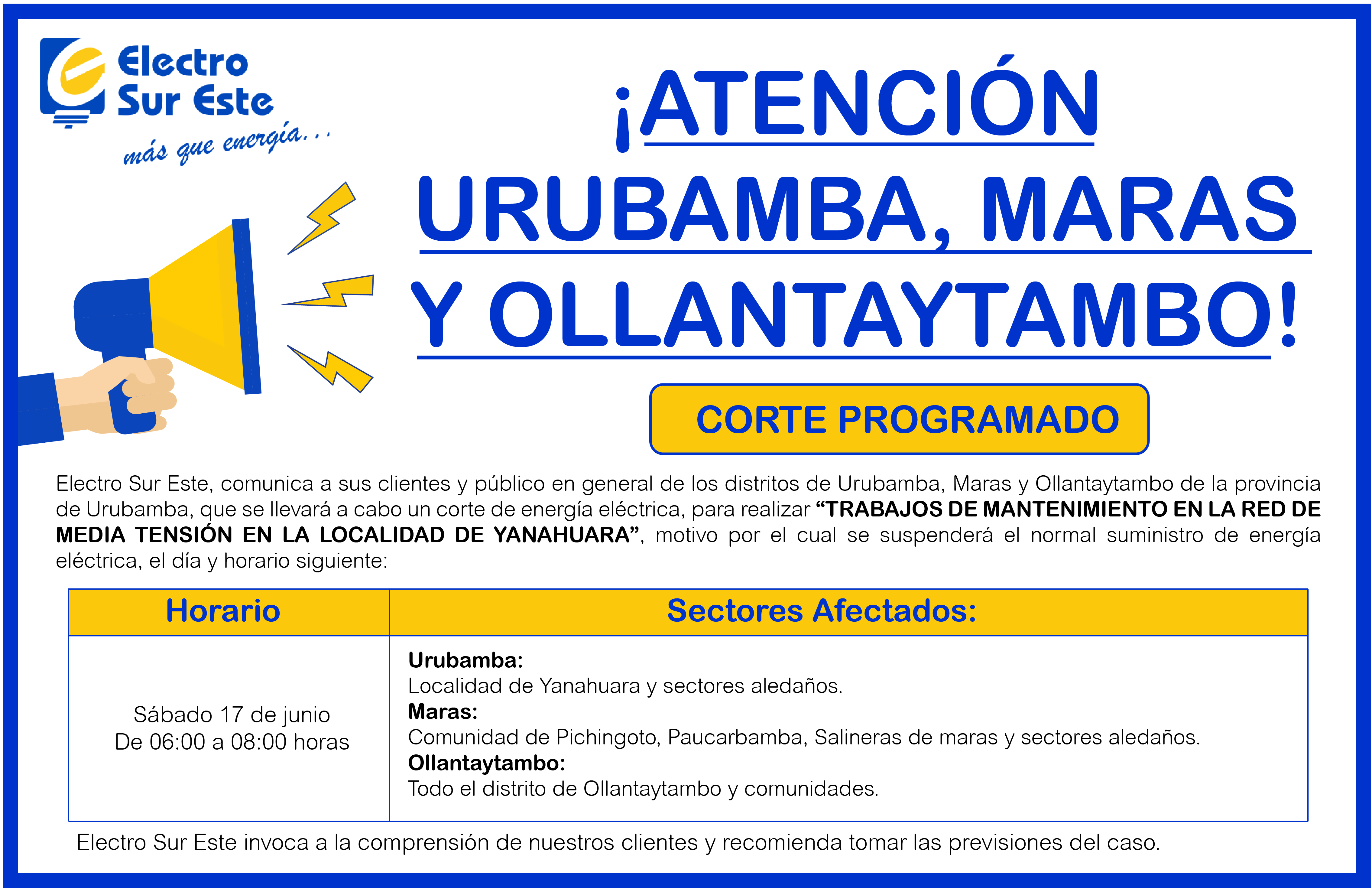 Comunicado - Corte Programado Día Sábado 17 De Junio - Urubamba