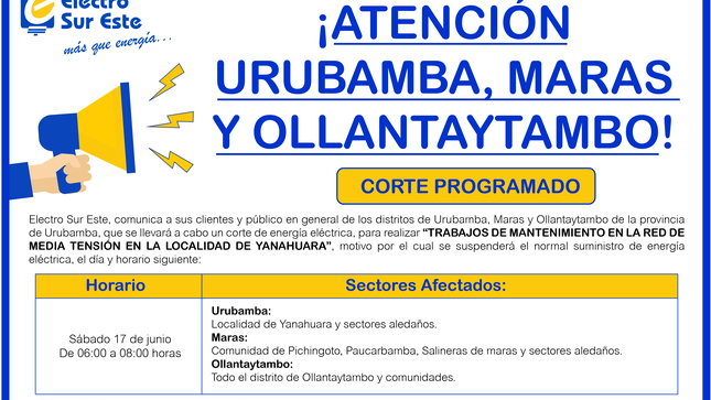 Comunicado - Corte Programado Día Sábado 17 De Junio - Urubamba