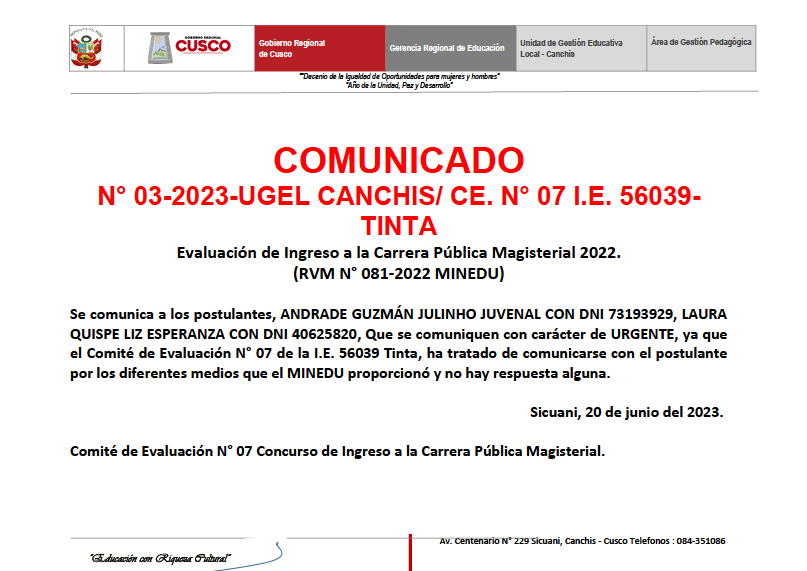 Comunicado N° 03-2023-UGEL CANCHIS
