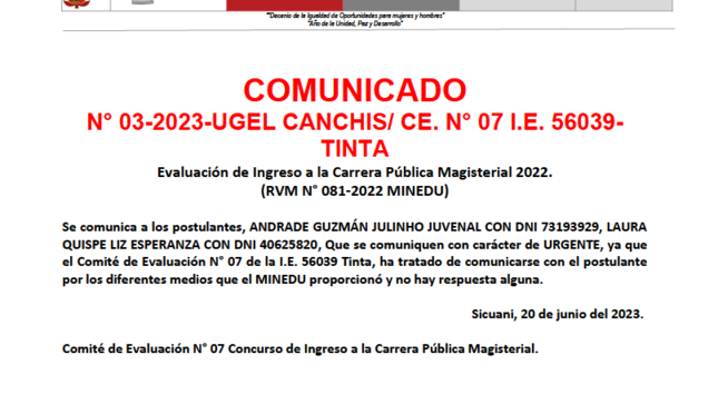 Comunicado N° 03-2023-UGEL CANCHIS