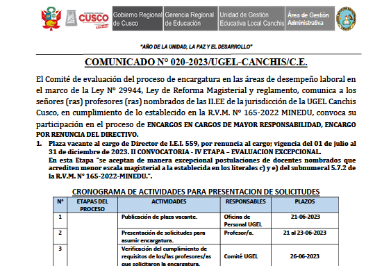 Comunicado N° 020-2023/UGEL-CANCHIS/C.E.