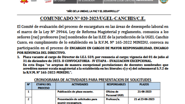 Comunicado N° 020-2023/UGEL-CANCHIS/C.E.