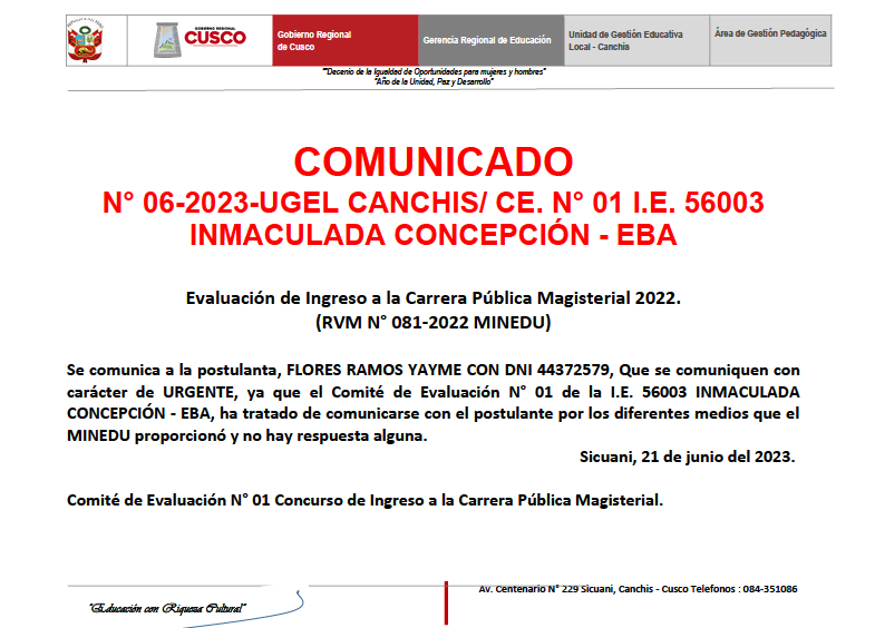 COMUNICADO N° 06-2023-UGEL CANCHIS