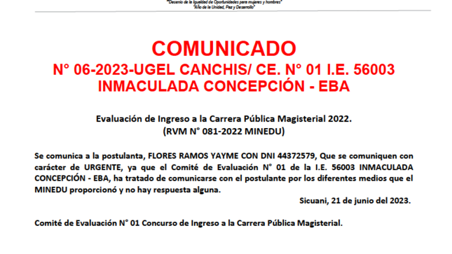 COMUNICADO N° 06-2023-UGEL CANCHIS