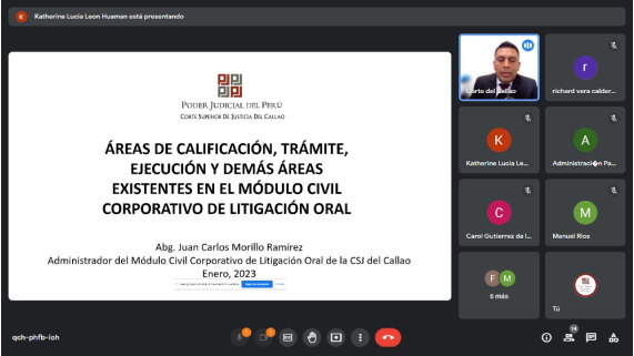 magistradas, personal jurisdiccional y administrativo del Primer y Quinto Juzgado de Paz Letrado especializado en lo civil de la Corte Superior de Justicia del Callao conocieron el funcionamiento de la oralidad implementada en el Módulo Corporativo Civil de Litigación Oral (MCCLO) como parte de su proceso de capacitación