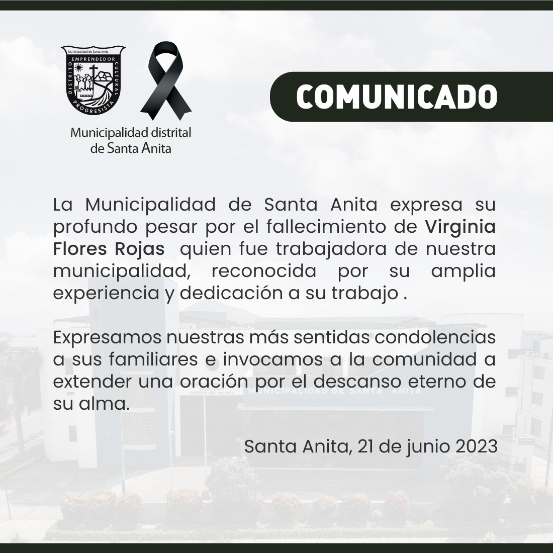 La Municipalidad de Santa Anita expresa su profundo pesar por el fallecimiento de Virginia Flores Rojas quien fue trabajadora de nuestra municipalidad, reconocida por su amplia experiencia y dedicación a su trabajo