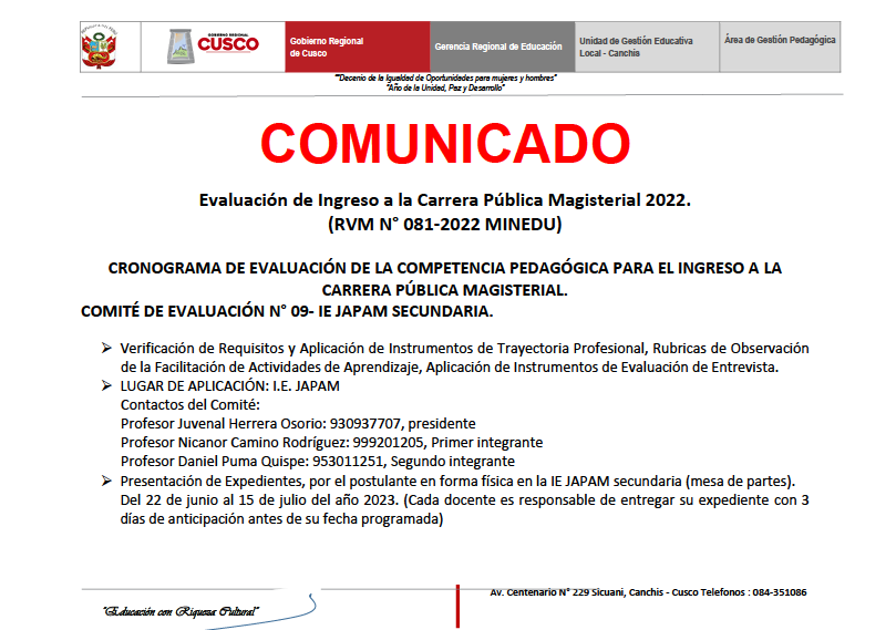 Evaluación de Ingreso a la Carrera Pública Magisterial 2022. - COMUNICADO