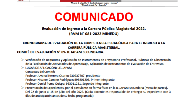 Evaluación de Ingreso a la Carrera Pública Magisterial 2022. - COMUNICADO