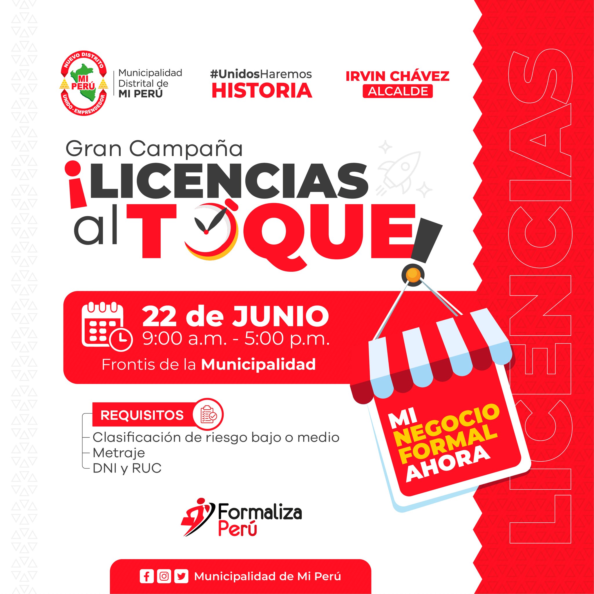 📑 Obtén tu licencia de funcionamiento de manera rápida y sencilla. Reactívate y formaliza tu negocio al toque ⏰
Requisitos:
✔️Clasificación de riesgo bajo y medio.
✔️Metraje del establecimiento comercial .
✔️DNI y RUC.
🗓 Jueves 22 de JUNIO del 2023
⏰ 9:00 a.m. a 5:00 p.m.
📍 Lugar: Frontis de la Municipalidad de Mi Perú
Link: https://forms.gle/vmniAJmNWKXSG1JfA
▪️ Para mayor Información comunicarse al https://wa.link/s0jj7t /
https://wa.link/3m1cf8
😉 No pierdas esta gran oportunidad ¡Los esperamos! 💪
*
#MunicipalidadDeMiPerú #IrvinChávez