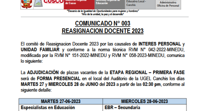 Comunicado N° 003 REASIGNACION DOCENTE 2023