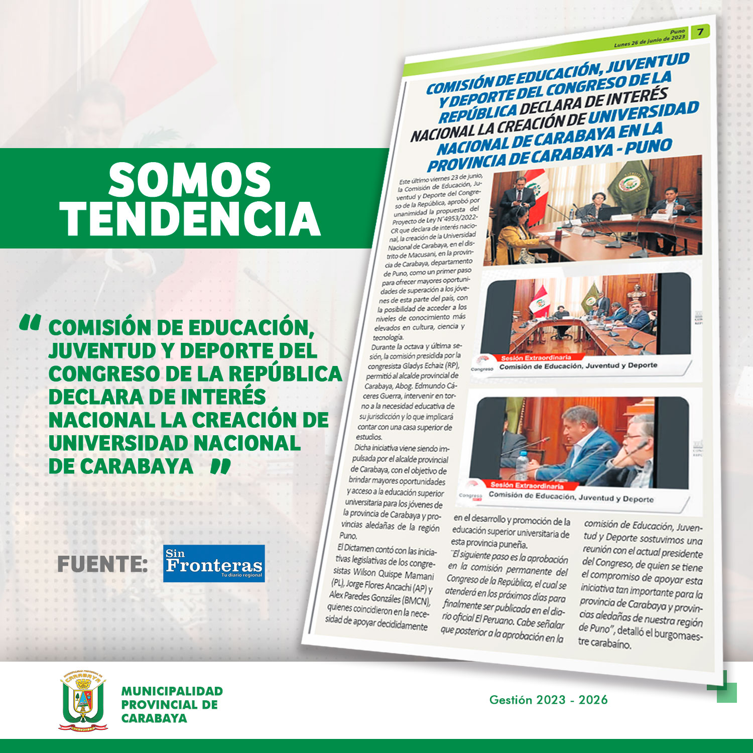 Nota periodística de la Creación de la Universidad Nacional de Carabaya