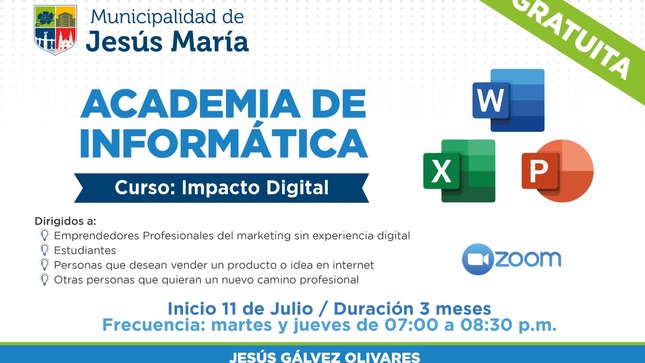 La Academia de Informática de la Municipalidad de Jesús María 🎓 te invita a sumergirte en el fascinante mundo de la tecnología con nuestro curso virtual “Impacto Digital”.