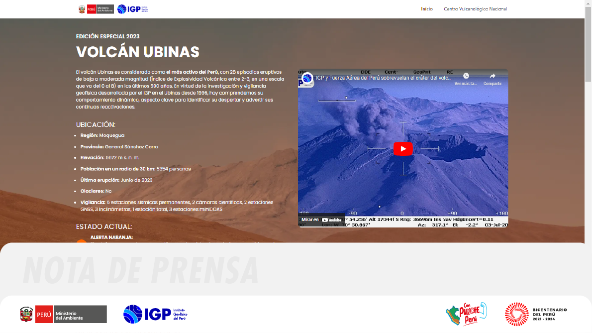 Implementan plataforma web con información en tiempo real sobre el proceso eruptivo del volcán Ubinas FOTO