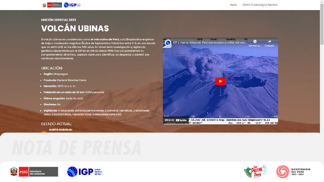 Implementan plataforma web con información en tiempo real sobre el proceso eruptivo del volcán Ubinas FOTO