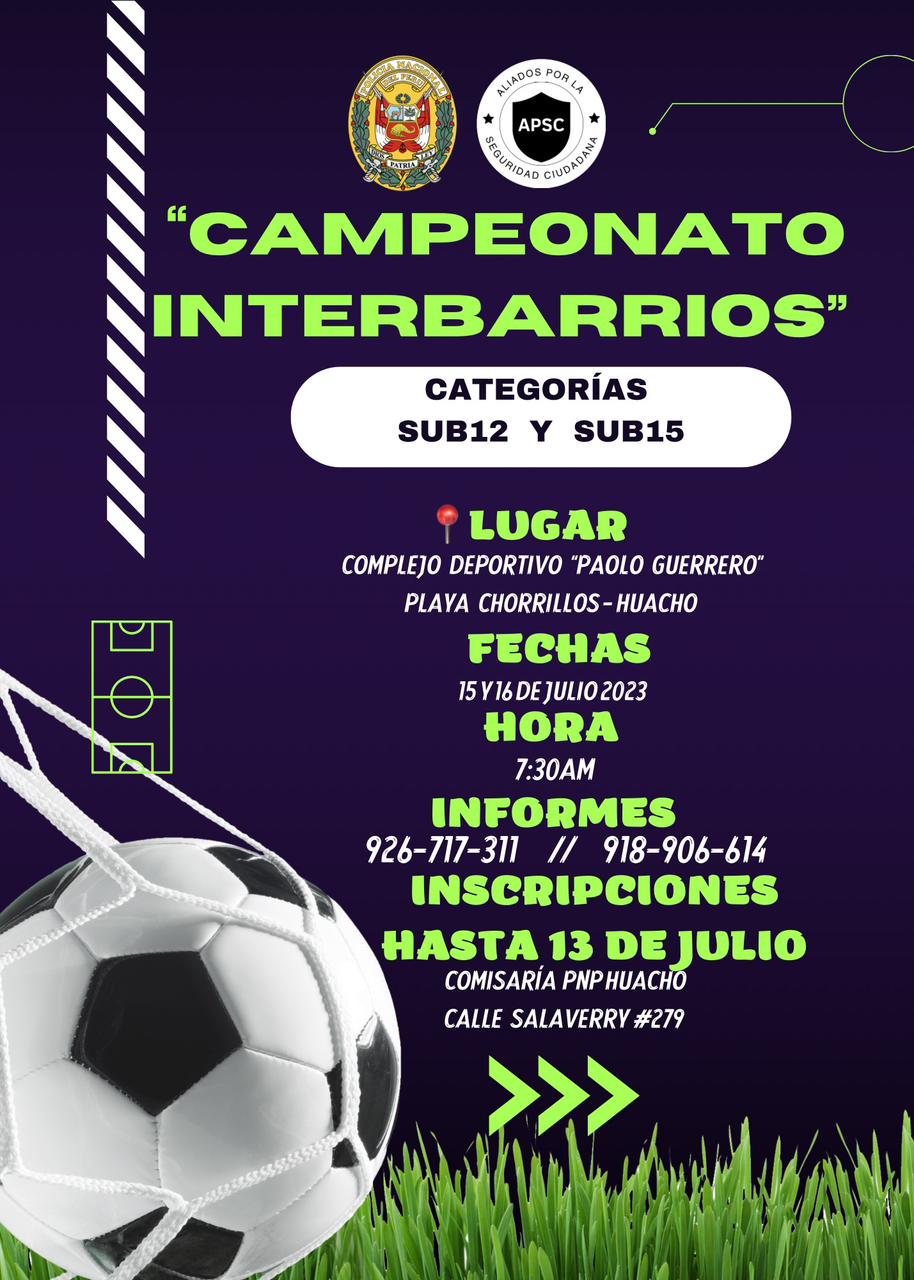 CAMPEONATO INTERBARRIOS SUB 12 Y SUB 15 SE JUGARÁ EN EL "PAOLO GUERRERO"