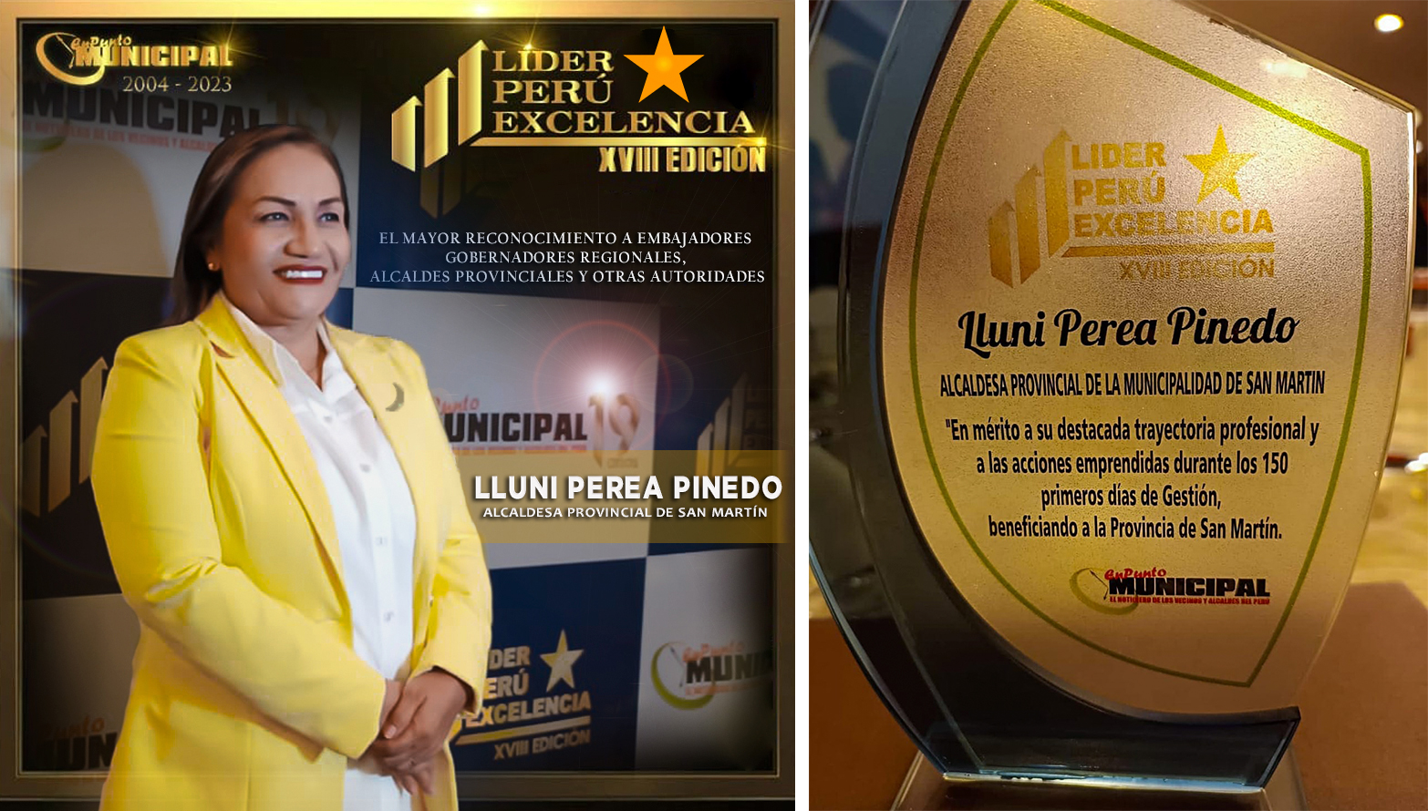 De entre los más de 1834 alcaldes provinciales y distritales a nivel nacional, nuestra alcaldesa de la Municipalidad Provincial de San Martín, Lluni Perea Pinedo, recibió con mucho orgullo este importante reconocimiento, "Líder Perú Excelencia" en su edición XVIII, a cargo del Consejo Consultivo En Punto Municipal.
Gracias a su trabajo incansable y en mérito a su destacada labor en estos 150 días de gestión, la autoridad edil fue reconocida en la ciudad de Lima en presencia de destacados personajes de todo el País.
"Recibo con mucho orgullo este premio y no fuera posible sin el equipo que me acompaña para cumplir con los desafíos que nos proponemos día a día. San Martín mi tierra hermosa va para ti y seguiré trabajando para lograr una ciudad más competitiva y sostenible", mencionó durante su discurso, Lluni Perea Pinedo.