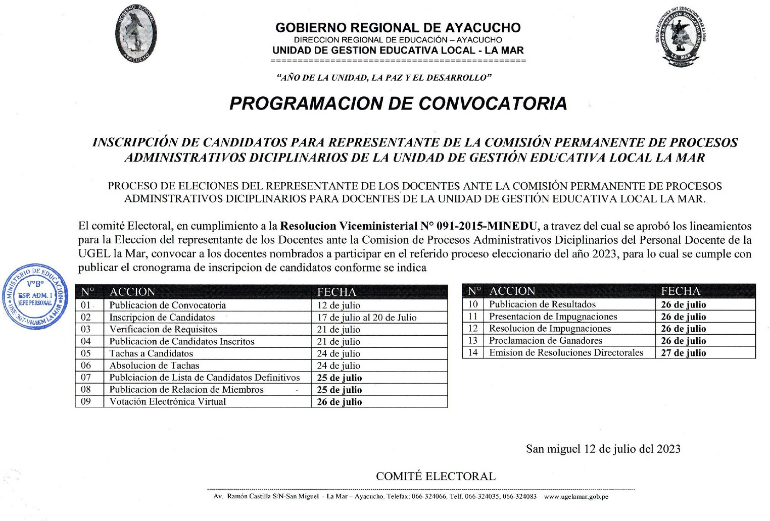 Cronograma del Proceso de Elección del representante de los docentes ante la comisión permanente de procesos administrativos disciplinarios 2023