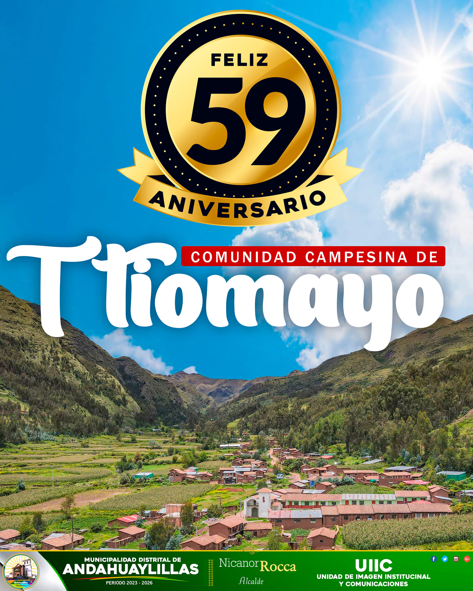 Flayer de Felicitaciónes a la Comunidad de Ttiomayo - Distrito de Andahuaylillas - Cusco
