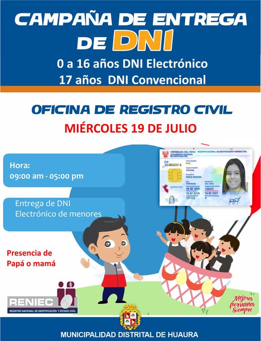 MUNICIPALIDAD DE HUAURA Y RENIEC REALIZARÁN ENTREGA DE DNI EL MIERCOLES 19 DE JULIO