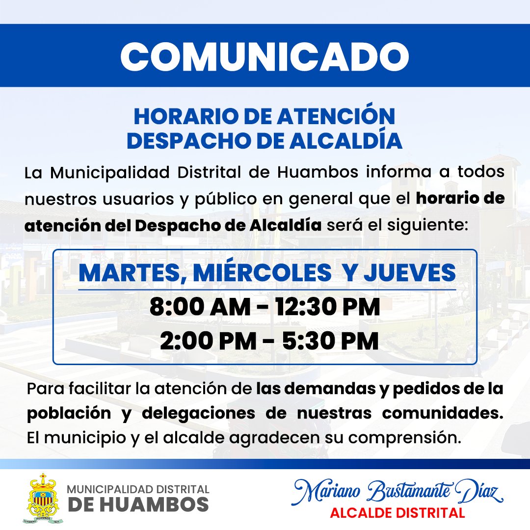 Horario de despacho de la Alcaldía de Huambos