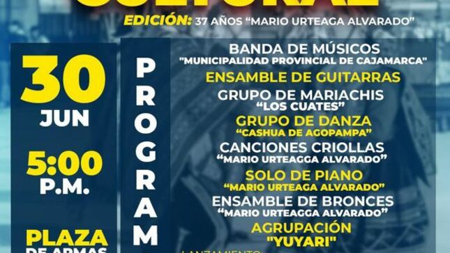 Este viernes estaremos con mucho arte y cultura. Ven y disfruta de nuestro Viernes Cultural en su edición: 37 AÑOS “MARIO URTEAGA ALVARADO” 
📍Plaza de Armas 
📅 Viernes 30 de junio 
🕧 5:00 p. m. 