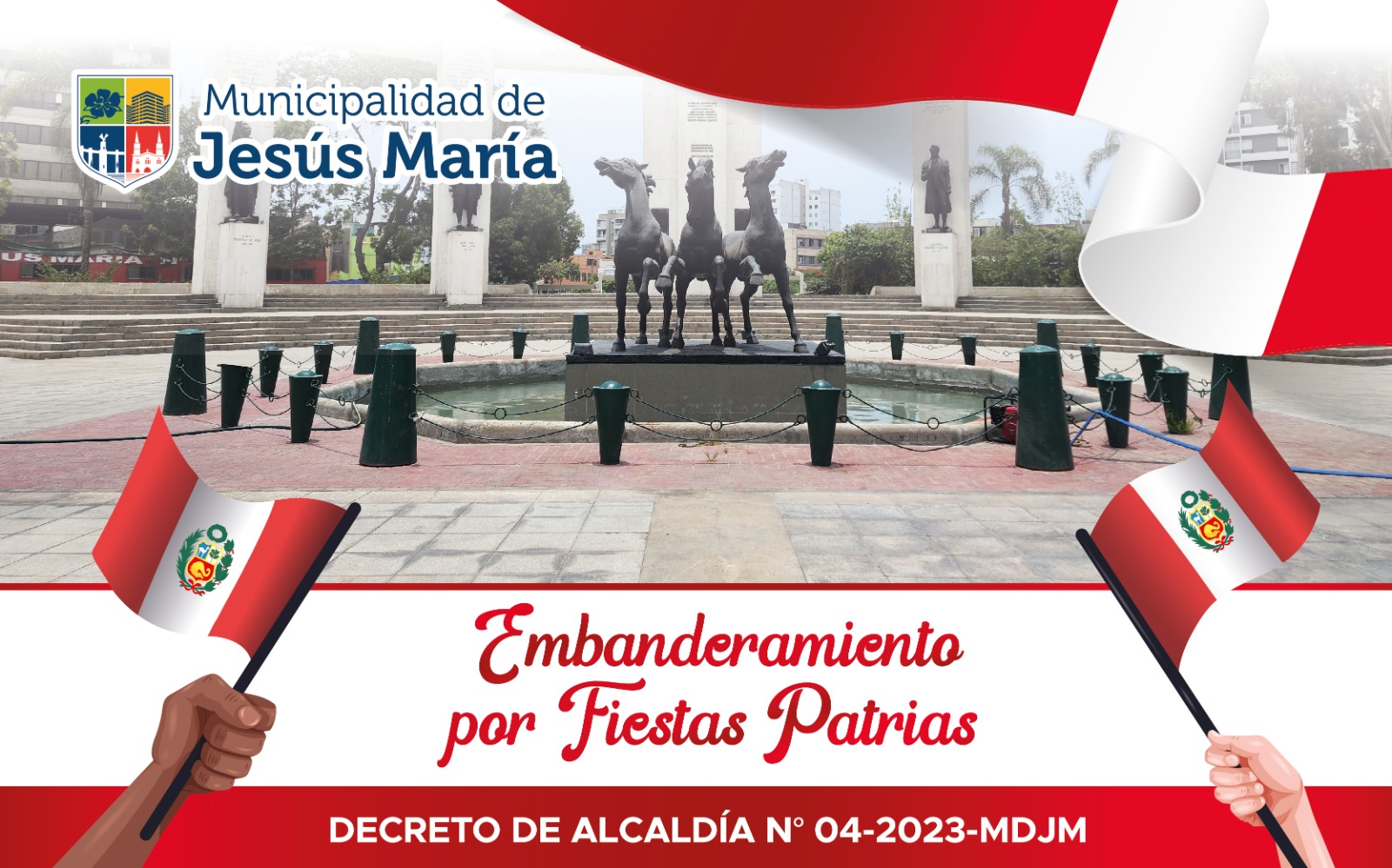 Es momento de demostrar amor y respeto por nuestra querida patria, vistiendo las calles jesusmarianas de rojo y blanco.
❤️🤍❤️ ¡Felices Fiestas Patrias 2023!