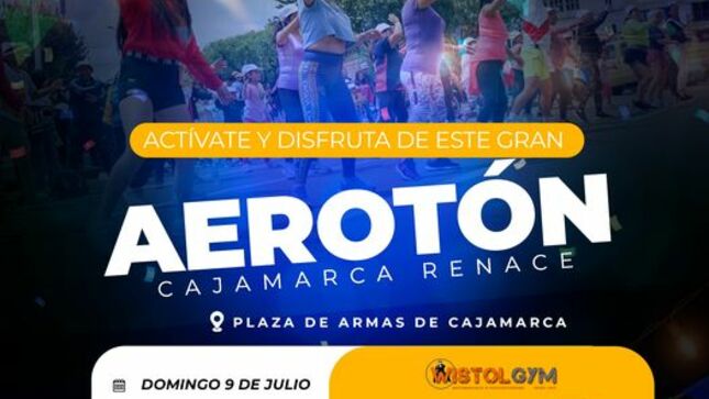 La Municipalidad Provincial de Cajamarca, invita a todos los cajamarquinos a nuestro gran "Aerotón Cajamarca Renace" como parte de nuestras actividades que fomentan la actividad física y el deporte. 
🗓️ Domingo - Plaza de Armas 
🕦 9:00 a. m. 
¡Te esperamos !