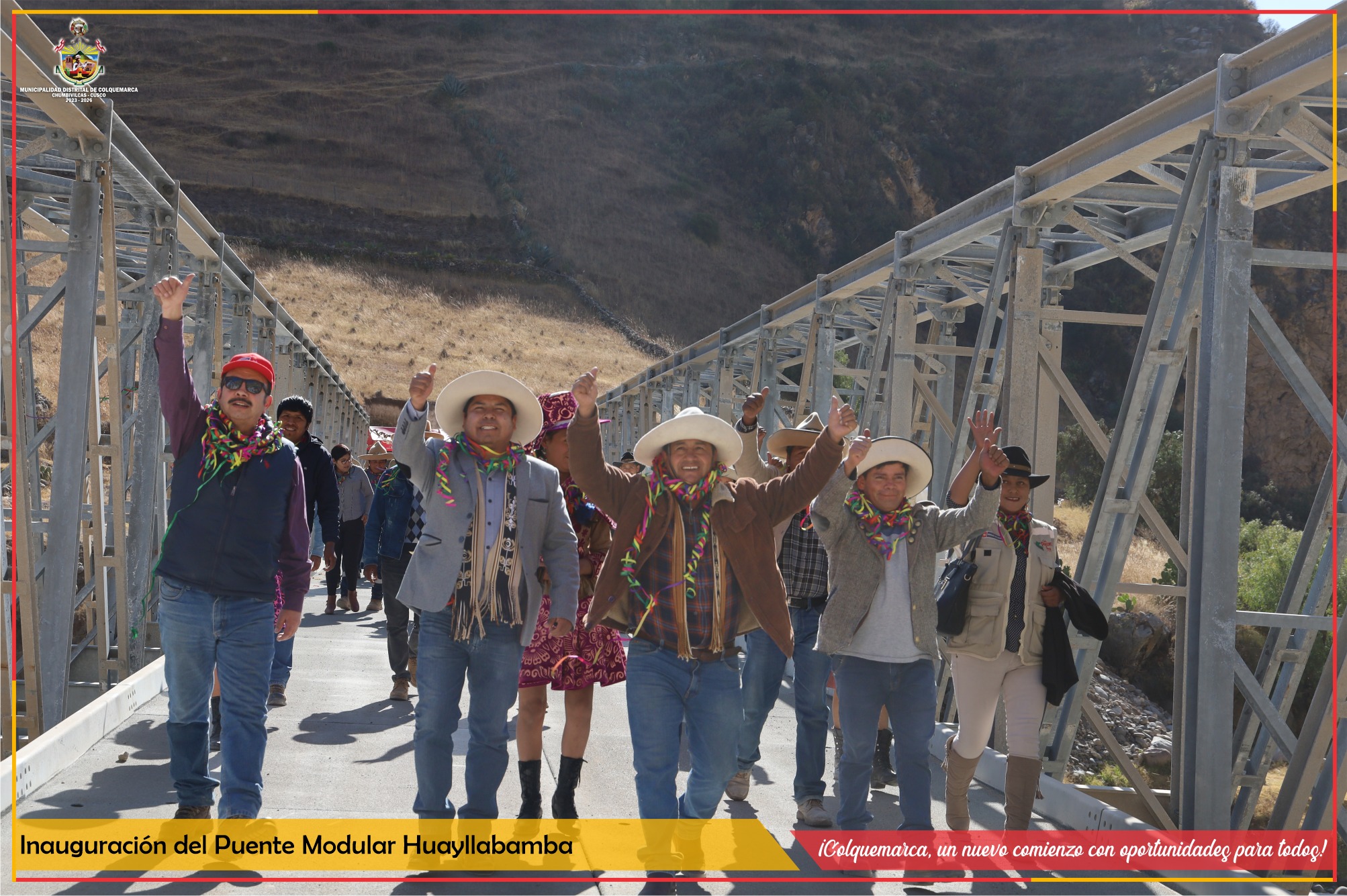 El Alcalde de la Municipalidad Distrital de Colquemarca, Prof. Santos Oviedo Ataucuri, participó en la emocionante ceremonia de inauguración del nuevo Puente Modular "Huayllabamba". El puente, que se extiende sobre el río Santo Tomás, tiene una longitud de 56 metros y representa un hito importante para la conectividad de nuestro distrito y el hermano distrito de Llusco.
El evento contó con la participación de distinguidas personalidades, entre ellas el Director Regional de PROVIAS Descentralizado Cusco, Ing. Jose Carlos Villena, el Sr. Jaime Mantilla Chancuaña, Alcalde de la Municipalidad Distrital de Llusco, la Subprefecta del Distrito de Llusco, y otras autoridades relevantes de la región.
Cabe destacar que, meses atrás, tanto el Alcalde Santos Oviedo Ataucuri como el Alcalde Jaime Mantilla Chancuaña firmaron un importante convenio de cooperación interinstitucional. Dicho convenio tenía como objetivo principal la gestión y ejecución del asfaltado de la carretera Huascja Colquemarca - Chaccaray Llusco, una obra largamente anhelada por nuestros ciudadanos.
Durante la ceremonia de inauguración, el Alcalde Prof. Santos Oviedo Ataucuri expresó su satisfacción por el progreso alcanzado hasta el momento y destacó el compromiso de la Municipalidad Distrital de Colquemarca en la elaboración del perfil y expediente técnico necesarios para llevar a cabo tan importante proyecto. Asimismo, hizo hincapié en que esta obra beneficiará directamente a los habitantes de nuestra localidad, mejorando la conectividad y generando un impacto positivo en el desarrollo económico y social.
La Municipalidad Distrital de Colquemarca se enorgullece de haber participado de esta significativa mejora en la infraestructura vial y agradece a todas las autoridades y entidades involucradas por su apoyo y compromiso en la realización de este proyecto. Continuaremos trabajando arduamente para impulsar el desarrollo y el bienestar de nuestra comunidad.
¡Colquemarca, un nuevo comienzo con oportunidades para todos!
Prof. Santos Oviedo Ataucuri - Alcalde
Gestión 2023 - 2026.