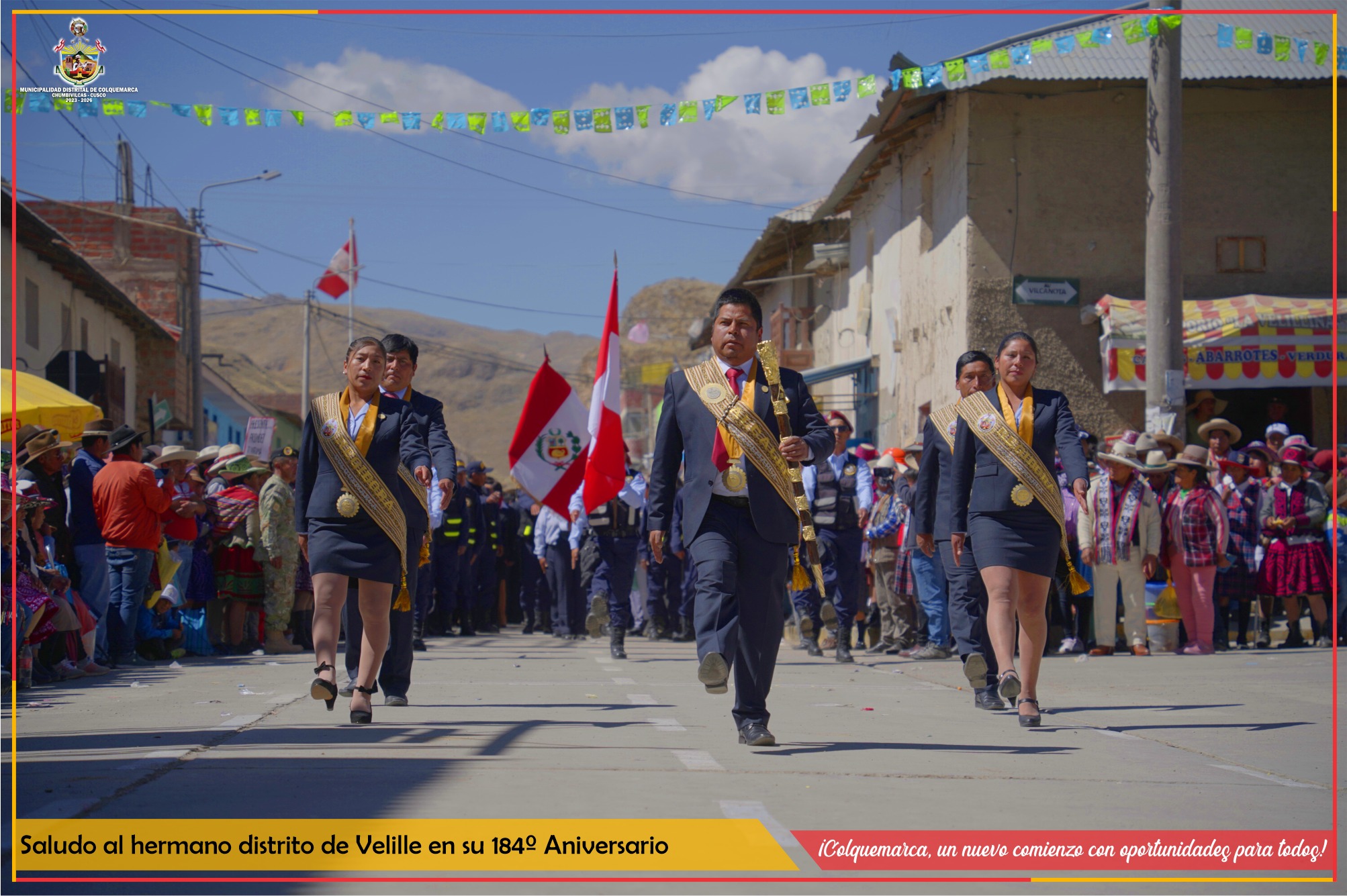 La Municipalidad Distrital participó en el desfile de saludo por el 184º Aniversario de Creación Política del hermano distrito de Velille, con una comitiva encabezada por alcalde Prof. Santos Oviedo Ataucuri, acompañado por su Plana de Regidores y Jefes de Línea.
El evento, que se llevó a cabo en un ambiente de camaradería y conmemoración, contó con la participación de representantes de diversos sectores de nuestra sociedad, quienes se unieron para rendir homenaje a la historia y cultura de Velille, consolidando los lazos de hermandad.
El desfile, enmarcado en una jornada festiva y llena de color, resaltó las tradiciones y el patrimonio cultural de Velille, siendo este un momento oportuno para el intercambio de experiencias y el enriquecimiento mutuo entre ambos distritos.
La Municipaldiad Distrital de Colquemarca destaca la importancia de estos eventos de confraternidad, que permiten estrechar lazos de amistad y cooperación con otras localidades vecinas, en pos del desarrollo conjunto y el crecimiento regional.
¡Colquemarca, un nuevo comienzo con oportunidades para todos!
Prof. Santos Oviedo Ataucuri - Alcalde
Gestión 2023 - 2026.
