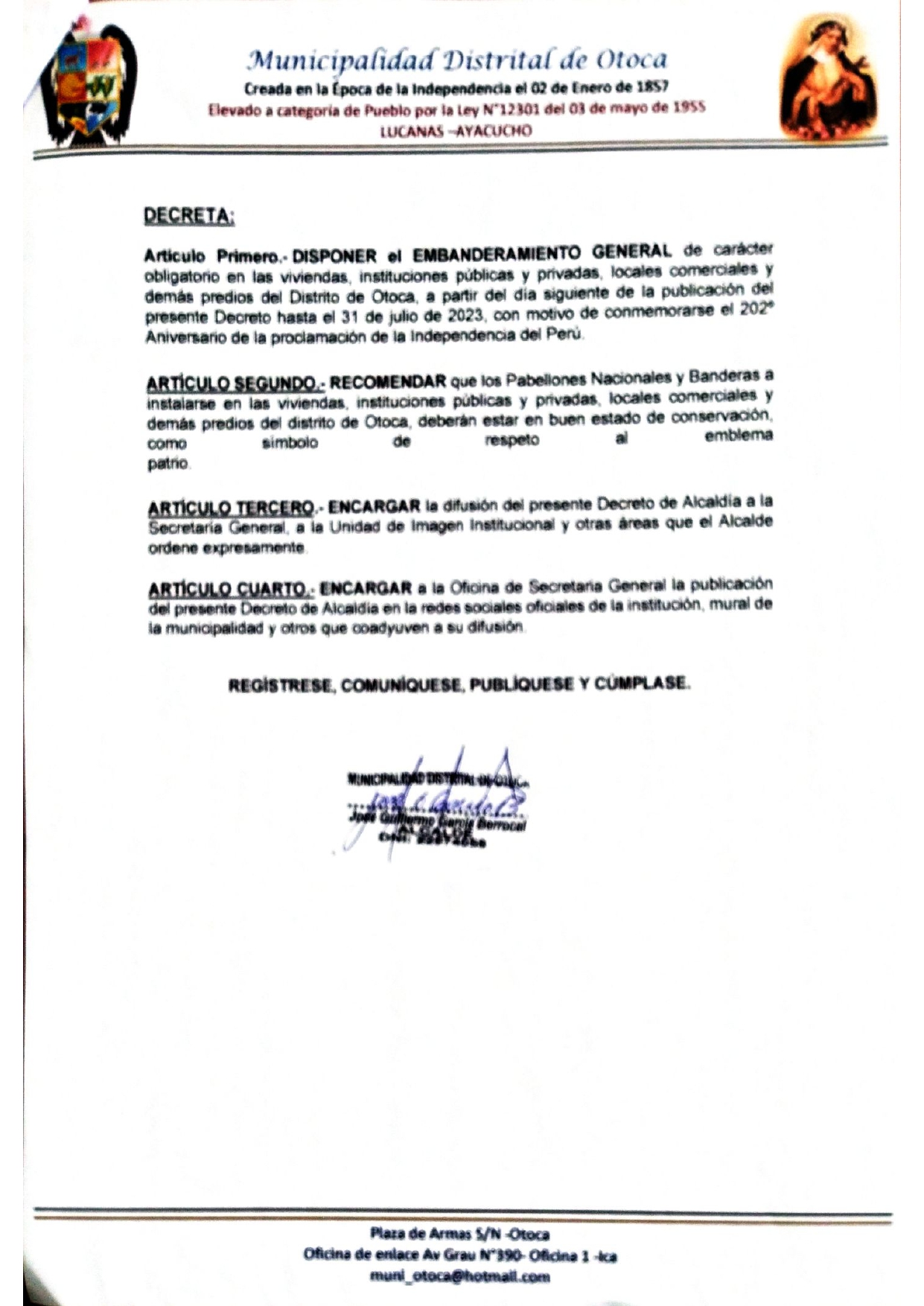 decreto de alcaldia N° 001-2023 -ALC /MDO