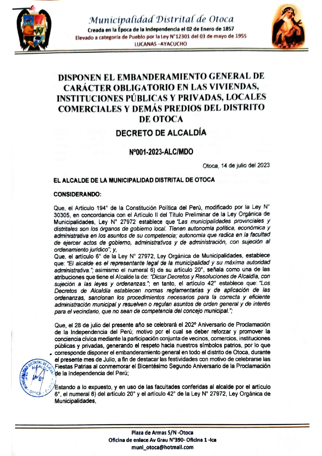 decreto de alcaldia N° 001-2023 -ALC /MDO