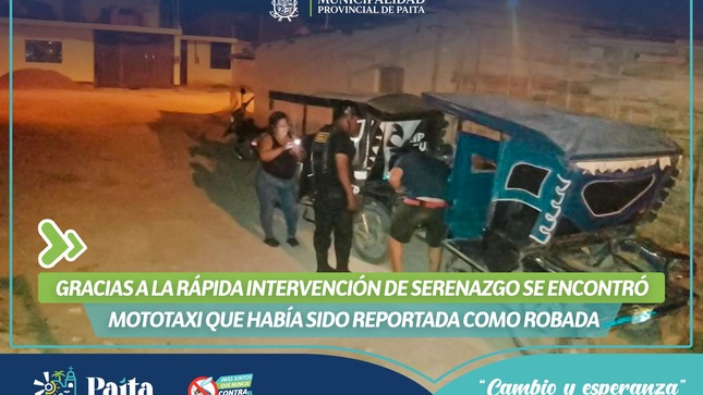 Gracias a la Rápida intervención de Serenazgo se encontró Mototaxi que había sido reportada Robada 