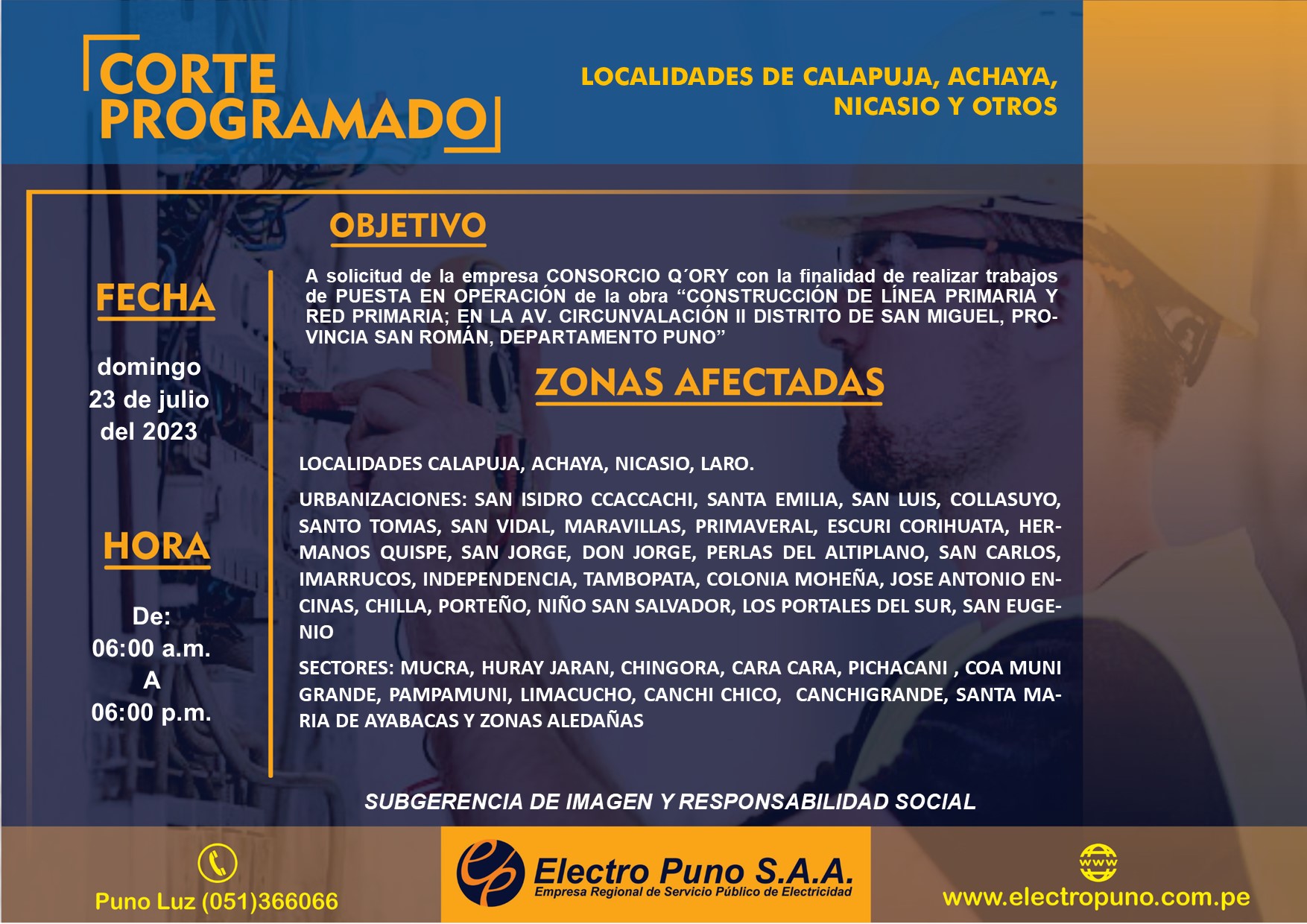 Corte programado Zonas de LOCALIDADES CALAPUJA, ACHAYA, NICASIO Y OTROS 23-07-2023