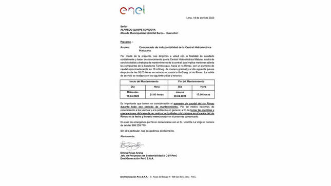 Comunicado de Indisponibilidad de la Central Hidroeléctrica Matucana