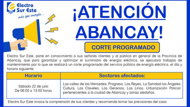 Gráfico del Comunicado sobre el Corte Programado del día 22 de julio - Abancay
