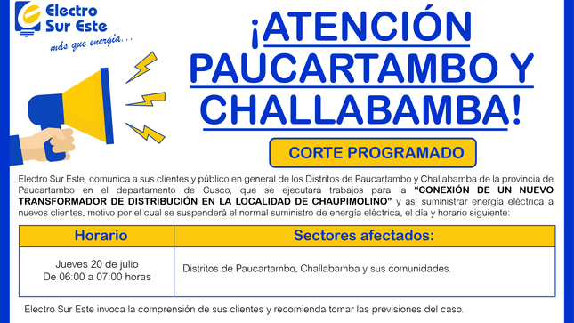 Gráfico del Comunicado sobre Corte programado para el día jueves 20 de julio - Paucartambo y Challabamba