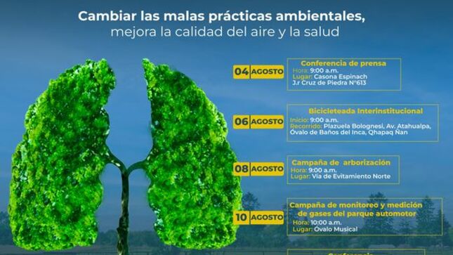 La Municipalidad Provincial de Cajamarca, a través de la subgerencia de Gestión Ambiental realiza diversas actividades para celebrar el día Interamericano de la Calidad  del Aire.
Estas actividades se estarán desarrollando desde el 04 al 11 de agosto, donde se realizarán conferencias, campañas de arborización y una bicicleteada interinstitucional que buscan concientizar a las personas sobre el uso de la bicicleta y el cuidado del medio ambiente. 
¡Aire limpio es salud