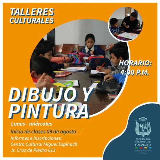 ¡Tenemos lo que necesitas!
👨🎨👩🎨En el taller del Centro Cultural Miguel Espinach, los niños y niñas podrán desarrollar su creatividad y habilidades artísticas mientras se divierten.
Información: Jr. Cruz de Piedra N° 613, Oficina de Cultura. 😊