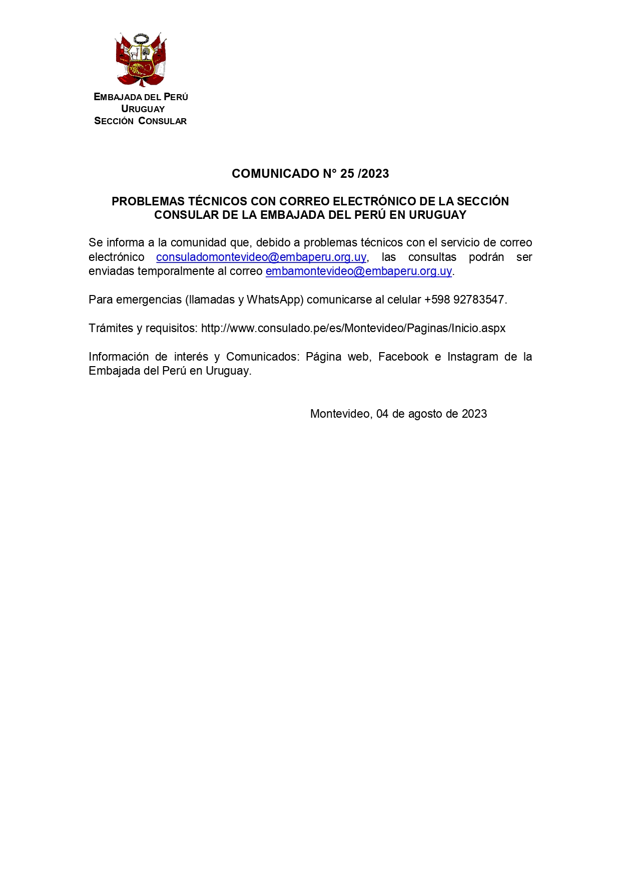 PROBLEMAS TÉCNICOS CON CORREO ELECTRÓNICO DE LA SECCIÓN CONSULAR DEL PERÚ EN MONTEVIDEO